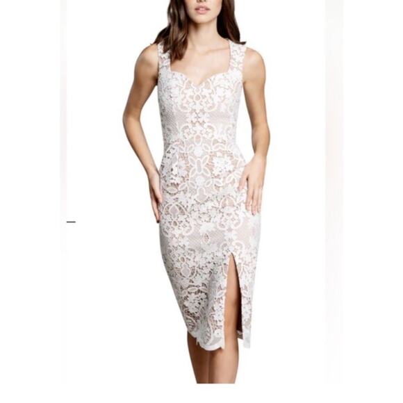 Dress The Population NWT Jayleen White Lace Sheath Dress Size Small Sheer Midi - Picture 1 of 12